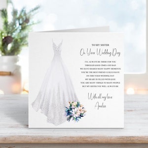 À ma sœur le jour de votre mariage, carte souvenir de mariage personnalisée, carte sentimentale le jour du mariage de ma sœur