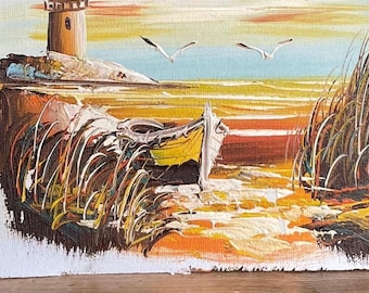 Vintage Max Savy Original Oil Painting of Lighthouse and Sailboats