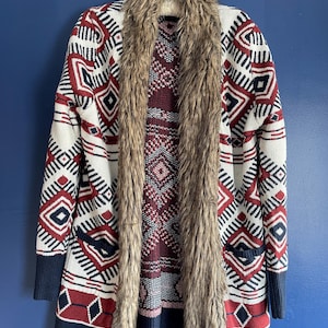 AZTEC カーディガン ~ フェイクファートリム ヴィンテージ クロージング ~ UK サイズ 14