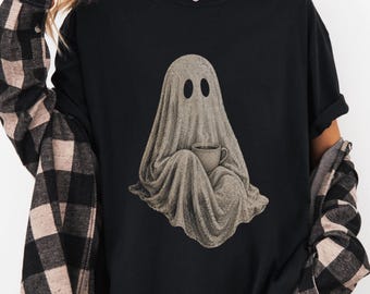 Ghost Drinking Coffee Shirt, Coffee Halloween Shirt, Coffee Shop Ghost Tee, Comfort Colors Ghost T-shirt