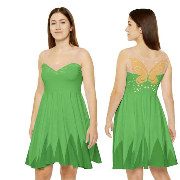 Tinkerbell dress, Tinkerbell running costume, Tinkerbell womens dress, fairy womens dress, Tink Women's Skater Dress (AOP), bounding dress