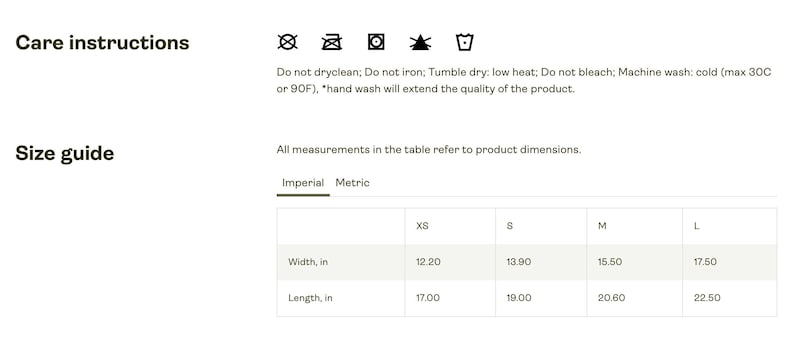May include: A care instructions and size guide chart for apparel. The care section lists symbols and text for cold machine washing, low heat tumble drying, and avoiding bleach, ironing, or dry cleaning. The size table provides width and length in inches for sizes XS, S, M, and L.