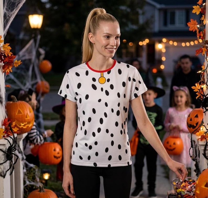 May include: A white short-sleeved t-shirt featuring a black dalmatian spot pattern, a red crew neckline, and a yellow circular tag graphic at the center of the collar, designed to resemble a dog costume.