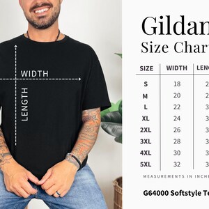 May include: Size chart for Gildan G64000 Softstyle Tee shirts. The chart shows the width and length in inches for sizes S through 5XL.