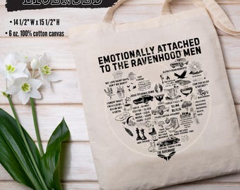 Licensed Ravenhood Series Quote Collage Tote Bag, Kate Stewart Merch, Emotionally Attached to the Ravenhood Men Dominic, Sean, Tobias, Tyler