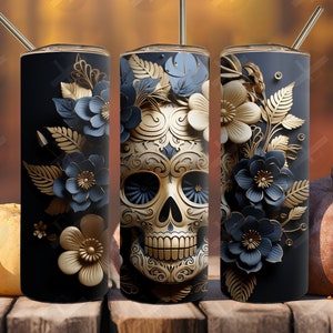3D Tumbler Wraps - 3D Sugar Skull in Gold Skinny Tumbler Wrap Design - Tumbler Sublimation Designs Straight & Tapered - Instant Download