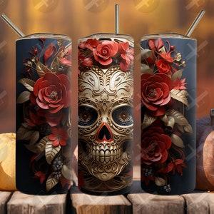 3D Tumbler Wraps - 3D Sugar Skull in Red and Gold Skinny Tumbler Wrap Design - Tumbler Sublimation Straight & Tapered - Instant Download
