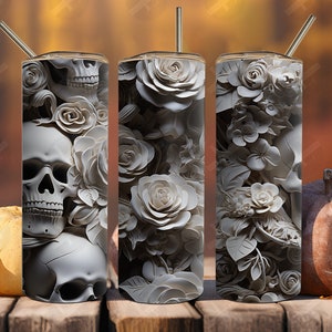 3D Halloween Skulls & Roses Tumbler Wrap: Skinny Tumbler Sublimation Design (Digital Download)