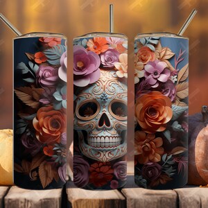 3D Tumbler Wraps - 3D Sugar Skull - Pastel Colors - Skinny Tumbler Wrap Design - Tumbler Sublimation Straight & Tapered - Instant Download