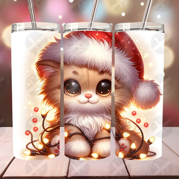 Kitten in Hat and Lights Skinny Tumbler Wrap - Christmas Tumbler Wraps - Tumbler Sublimation Designs Straight & Tapered - Instant Download