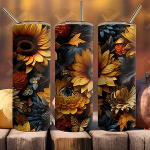 3D Tumbler Wraps - 3D Fall Sunflowers Skinny Tumbler Wrap Design - Ideal Tumbler Sublimation Designs Straight & Tapered - Instant Download