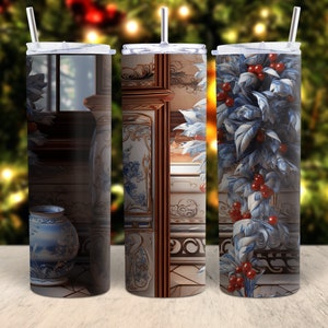 3D Christmas Fireplace Tumbler Wrap: Winter Mantle Design (Digital Download)