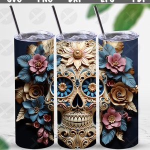 3D Tumbler Wraps - 3D Sugar Skull Pink Blue Skinny Tumbler Wrap Design - Tumbler Sublimation Design Straight & Tapered - Instant Download