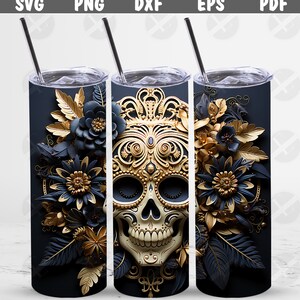 3D Tumbler Wraps - 3D Sugar Skull With Tiara Skinny Tumbler Wrap Design - Tumbler Sublimation Designs Straight & Tapered - Instant Download