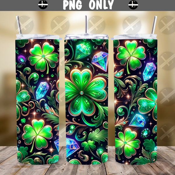 20ozs Wrap Designs - Neon Jeweled Shamrocks Skinny Tumbler Wrap - Sublimation Designs Straight & Tapered - Instant Download