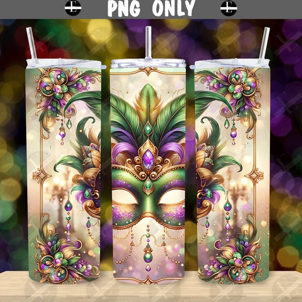 Mardi Gras Tumbler Wraps - Purple Glitter Mask Skinny Tumbler Wrap Design - Sublimation Designs Straight & Tapered - Instant Download