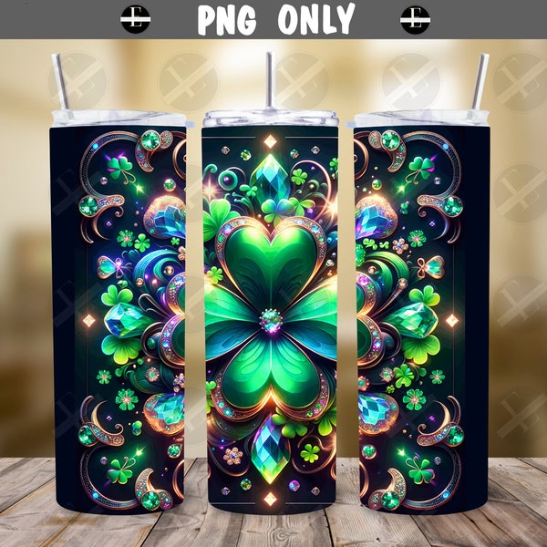 20ozs Wrap Designs - Neon Jeweled Shamrocks Skinny Tumbler Wrap - Sublimation Designs Straight & Tapered - Instant Download