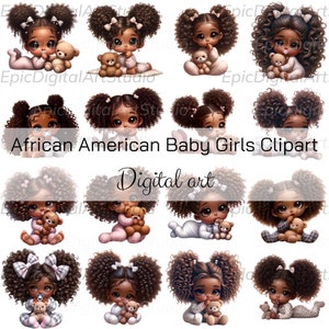 Set of 16 PNG Clipart African American Baby Girls in Pigtails and Pajamas - Cute Digital Images for Projects and Print on Demand