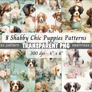 Patrones sin costuras de cachorros: descarga digital PNG - Paquete de 8 - Patrones de cachorros de acuarela suave estilo shabby chic vintage - Uso comercial y personal
