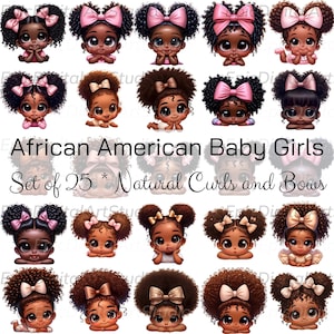 Set di clipart di bambine afroamericane - Adorabili bambine con fiocchi - Immagini di cartoni animati carini di bambine africane con riccioli afro naturali