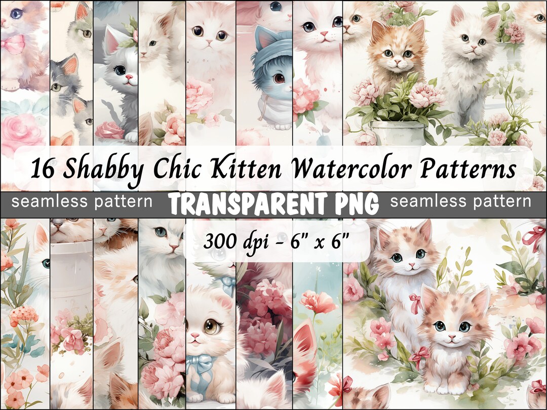Subtle Cat Pattern Cute Cat Seamless Patterns Digital Download PNG - Bundle of 16 - Shabby ...