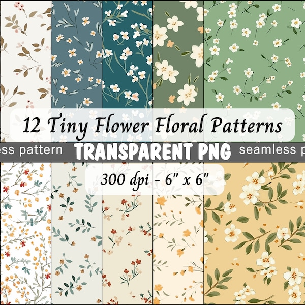 Boho Tiny Flowers Floral Seamless Patterns Digital Download PNG - Bundle of 12 - Tiny Flowers Floral Patterns - Commercial & Personal Use