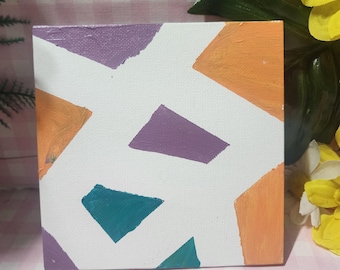 Quadro astratto geometrico su tela 5x5 / Dipinto arancione, blu e viola / Decorazione murale moderna e minimalista / Piccola opera d'arte astratta quadrata