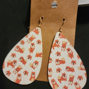 FINAL CLEARANCE White Faux Leather Pomeranian Earrings – Nickel-Free Ear Wires, Dog Lover Gift