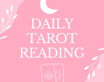Può includere: Grafica rosa con la scritta "DAILY TAROT READING" in bianco. L'immagine include una luna crescente bianca, due carte dei tarocchi ed elementi floreali decorativi. Le carte dei tarocchi presentano disegni di occhi e pianeti.
