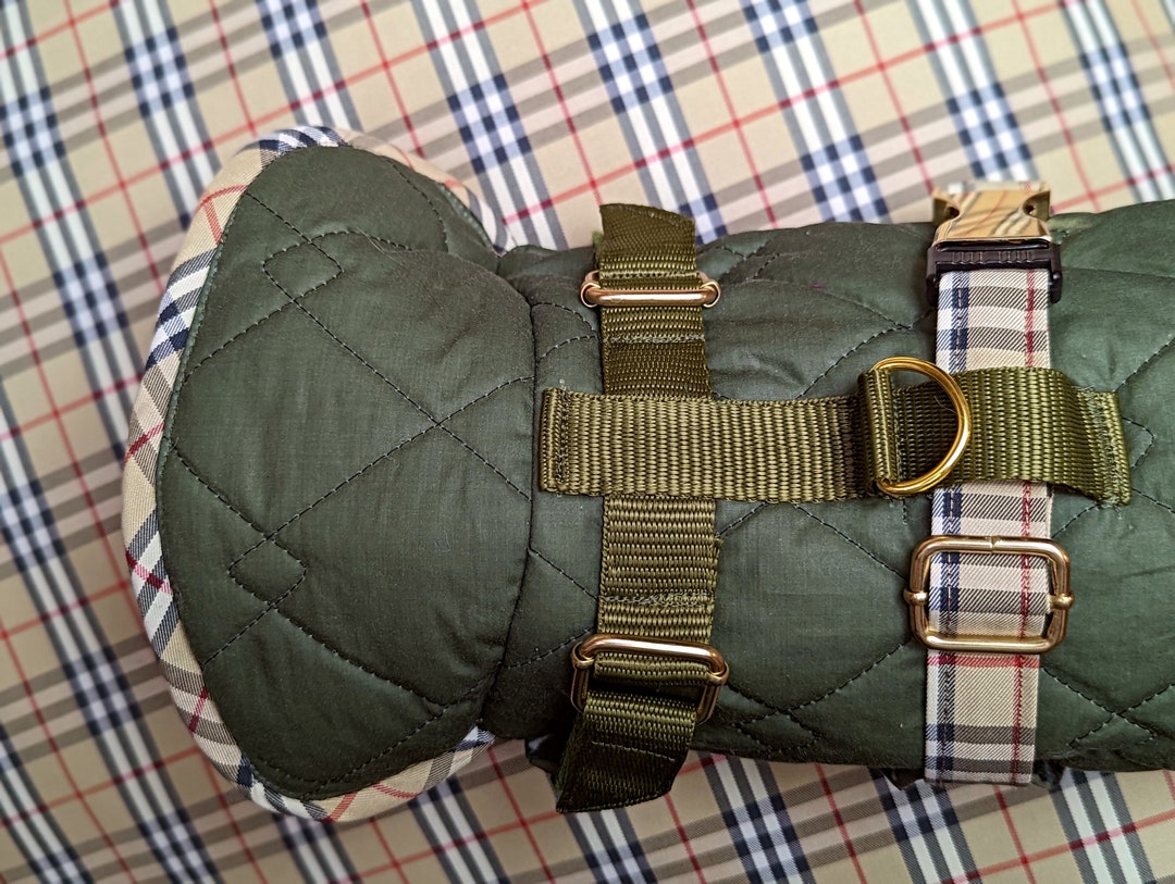 Khaki Small Dog Coat Harness Waterproof Warm Tartan Fleece Padded With