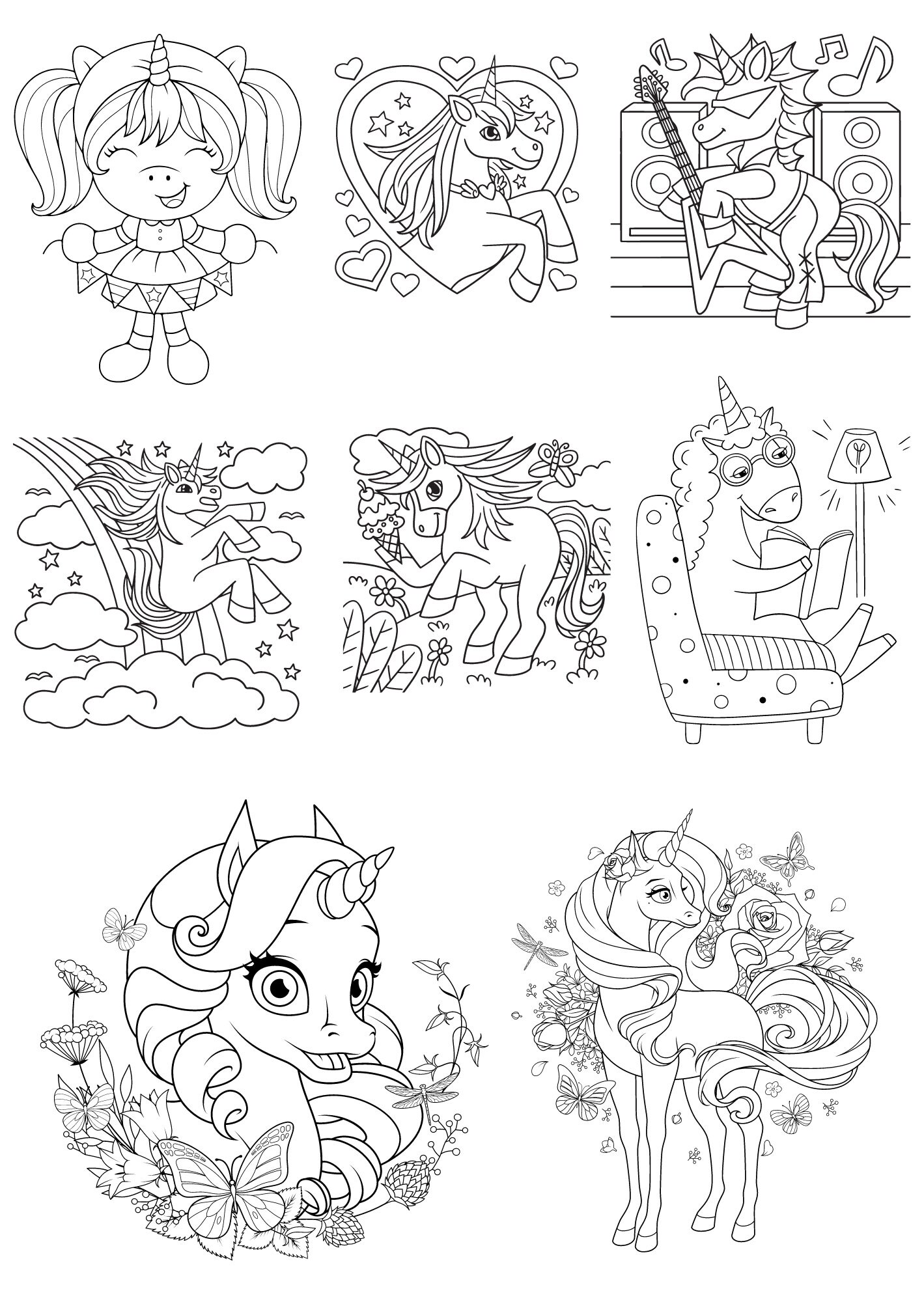 10 Unicorn Coloring PDF Pages, Unicorn Coloring, Unicorn Coloring A4