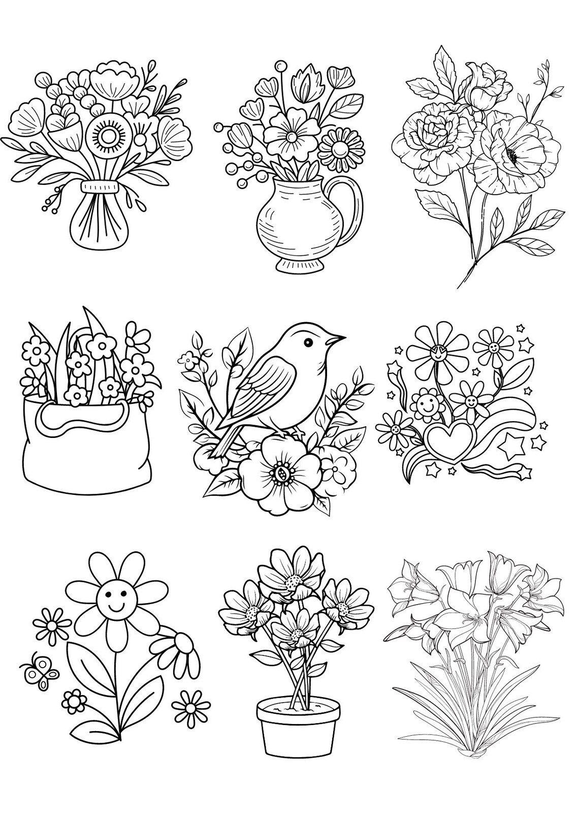 20 Unique Flower Coloring Pages for Kids, A4 Sheets, Colouring for Kids
