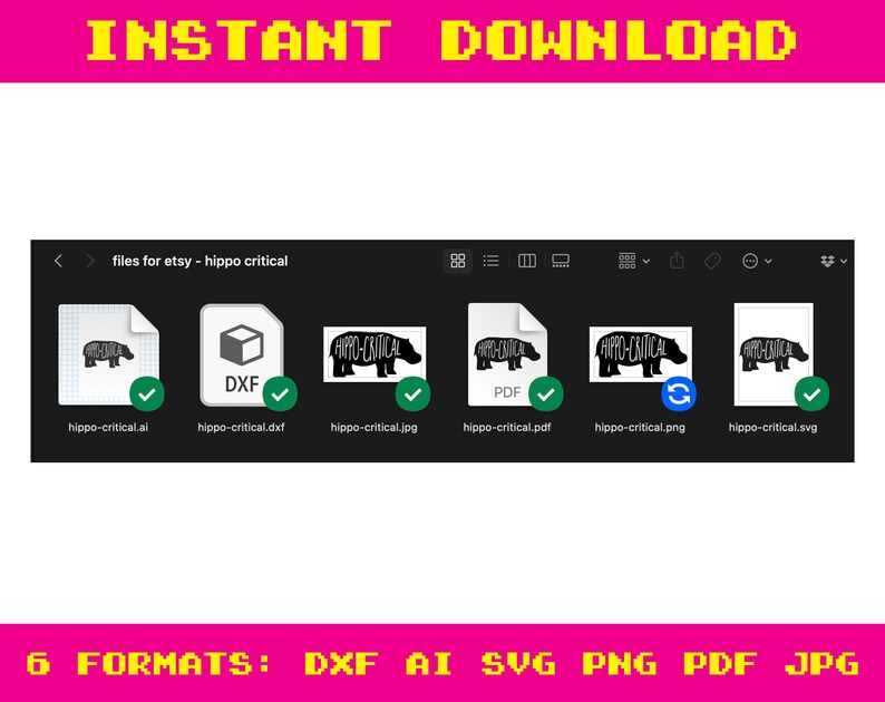 hippo critical pun files in 6 formats: dxf, ai, svg, png, pdf and jpg. This is a screen shot of the files included