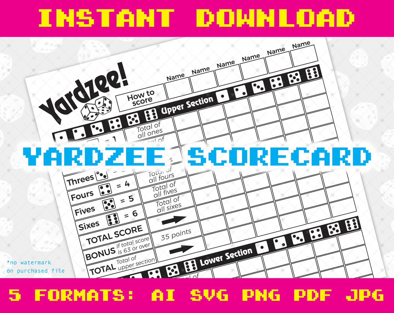 Yardzee Score Card, Yardzee Pdf, Dice Game, Score Sheet, Digital