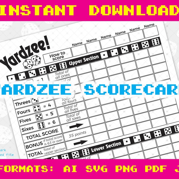 Yardzee score card, yardzee pdf, dice game, score sheet, digital download, svg, pdf, png, cricut, silhouette, print, cut, yahtzee
