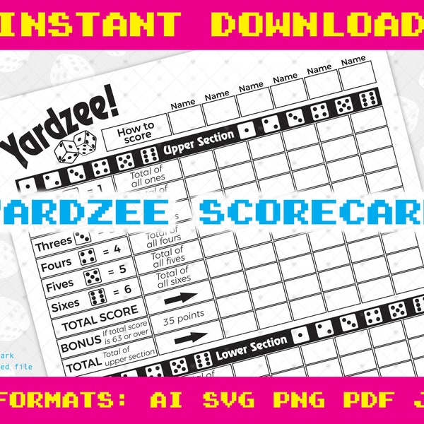 Carte de pointage Yardzee, yardzee pdf, jeu de dés, feuille de pointage, téléchargement numérique, svg, pdf, png, cricut, silhouette, impression, coupe, yahtzee