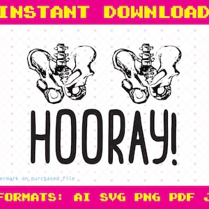 May include: Black and white illustration of two skeletons with the text "HOORAY!" below. The skeletons are holding their hips and have a humorous expression.