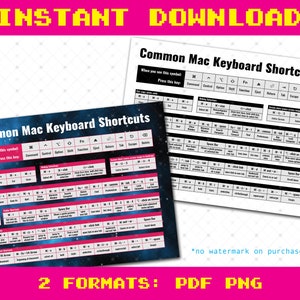 May include: Two printable charts with a black and white space background showing common Mac keyboard shortcuts. The charts are labeled "Common Mac Keyboard Shortcuts" and list the keys and their corresponding functions. The text "INSTANT DOWNLOAD" is at the top of the image. The text "2 FORMATS: PDF PNG" is at the bottom of the image.