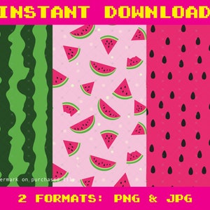 Könnte beinhalten: Drei digitale Papiermuster mit Wassermelonen-Designs. Das erste Muster besteht aus grünen und schwarzen Streifen. Das zweite Muster ist rosa mit weißen Punkten und Wassermelonen-Scheiben. Das dritte Muster ist rosa mit schwarzen Wassermelonenkernen.