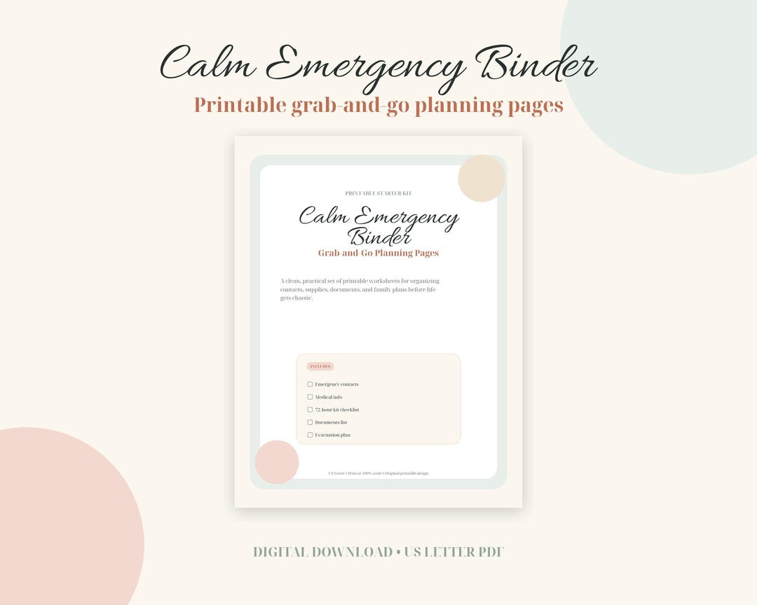 Calm Emergency Binder Printable, Grab and Go Planner, 72 Hour Kit ...