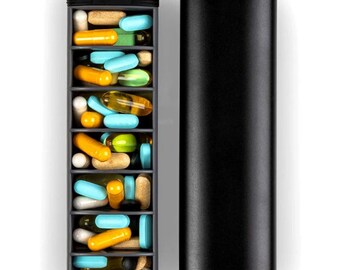 Organizador semanal de pastillas: diseño premium de aluminio y madera para almacenamiento de pastillas, vitaminas y medicamentos