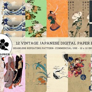 Vintage Japanese Ephemera Digital Papers, Japanese Women and Flowers Scrapbook Paper, Japanese Backgrounds, Commercial Use Digital Paper