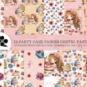 Party Cake Fairies Seamless Digital Papers, Sweet Cute Fairy and Cakes, Birthday Backgrounds, Commercial Use Digital Paper