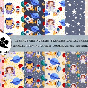 May include: A set of 12 digital papers featuring a space girl astronaut, a cat in a spacesuit, planets, stars, and rockets. The papers are 30.48 cm by 30.48 cm and are perfect for creating digital or printed projects.