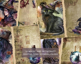 May include: A digital collage of 10 vintage-style pages with a witch, a black cat, a raven, an hourglass, a potion bottle, and a crystal ball. The pages are decorated with a variety of textures and patterns, including parchment, lace, and floral designs. The text "10 MAGIC AND WITCHCRAFT DIGITAL JUNK JOURNAL PAGES" is printed on one of the pages.