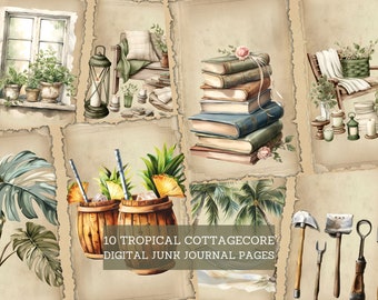 Tropische Cottagecore Junk Journal Seiten, Cozy Summer House Junk Journal Kit, Ausschneideblätter, Junk Journal druckbar, digitales Collagenpapier