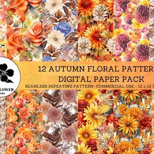Autumn Floral Patterns Seamless Digital Papers, Autumn Flowers and Leaves, Fall Backgrounds, Commercial Use Digital Paper