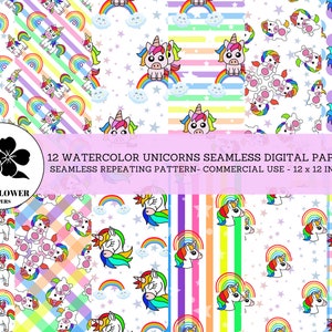 Rainbow Unicorns Seamless Digital Papers, Unicorns and Rainbows, Rainbow Backgrounds, Commercial Use Digital Paper