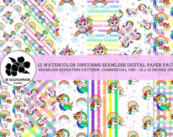 Rainbow Unicorns Seamless Digital Papers, Unicorns and Rainbows, Rainbow Backgrounds, Commercial Use Digital Paper