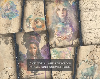 Himmel & Astrologie Junk Journal Seiten, Vintage Sternzeichen Junk Journal Kit, Bastelbogen, Junk Journal Printable, Digital Collage Papier
